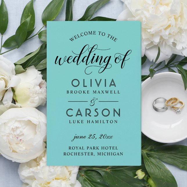 Moderne Black Script Aqua Blue Weddingprogramme (Von Creator hochgeladen)