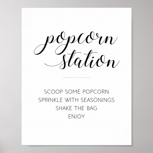 Moderne Black Script Popcorn Station Hochzeit Poster (Vorne)