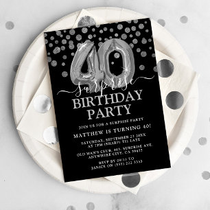 Moderne Black & Silver 40. Überraschung Geburtstag Einladung