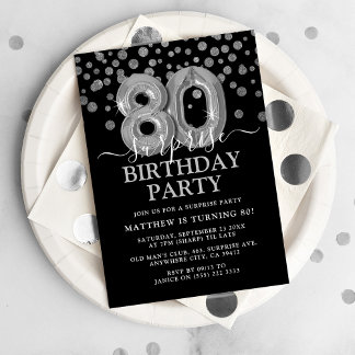 Moderne Black & Silver 80. Überraschung Geburtstag Einladung