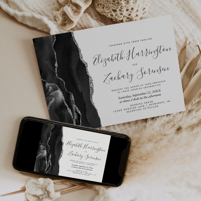 Moderne Black Silver Agate Hochzeit Einladung (Von Creator hochgeladen)