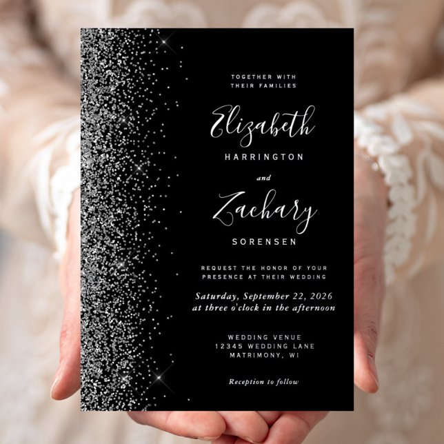 Moderne Black Silver Glitzer Edge Wedding Folieneinladung (Von Creator hochgeladen)