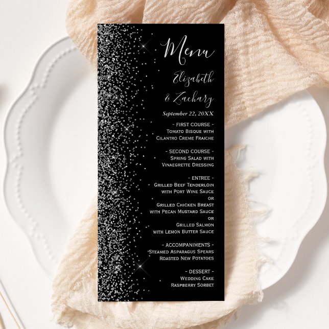 Moderne Black Silver Glitzer Edge Wedding Menükarte (Von Creator hochgeladen)