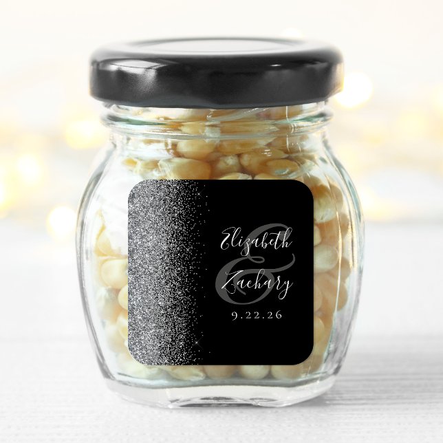 Moderne Black Silver Glitzer Edge Wedding Quadratischer Aufkleber (Von Creator hochgeladen)