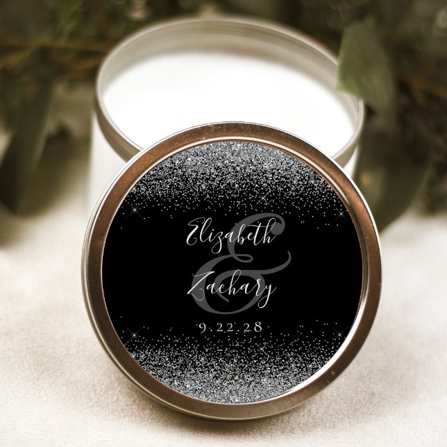 Moderne Black Silver Glitzer Edge Wedding Runder Aufkleber (Von Creator hochgeladen)