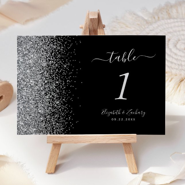 Moderne Black Silver Glitzer Edge Wedding Tischnummer (Von Creator hochgeladen)