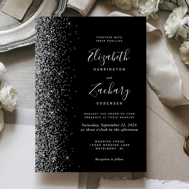 Moderne Black Silver Imitate Glitzer Edge Wedding Einladung (Von Creator hochgeladen)