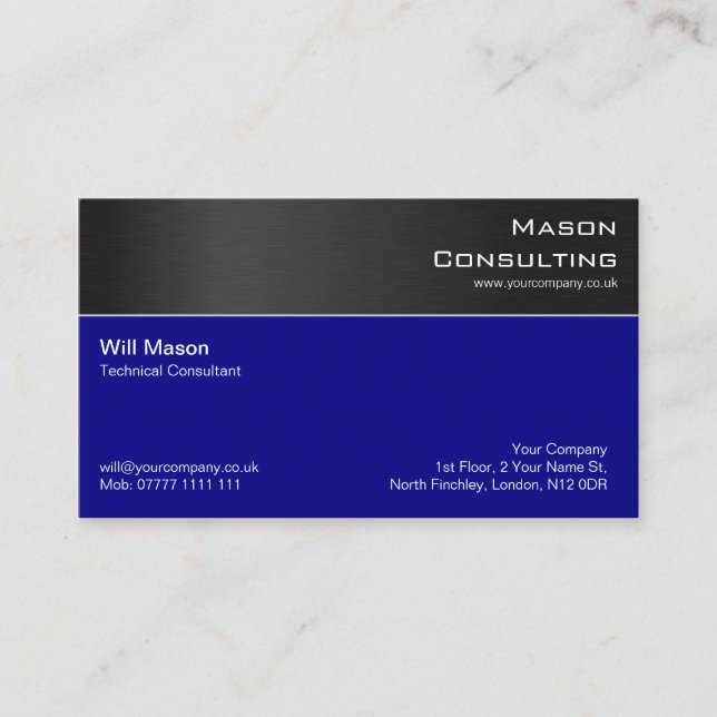 Moderne Black Steel und Dark Blue Business Card Visitenkarte (Vorderseite)