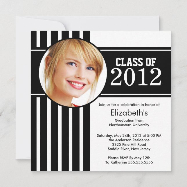 Moderne Black Stripe Foto Graduation Party Einladung (Vorderseite)