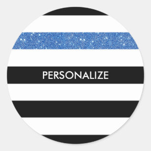 Moderne Black Stripes IMITATE Blue Glitz und Name Runder Aufkleber