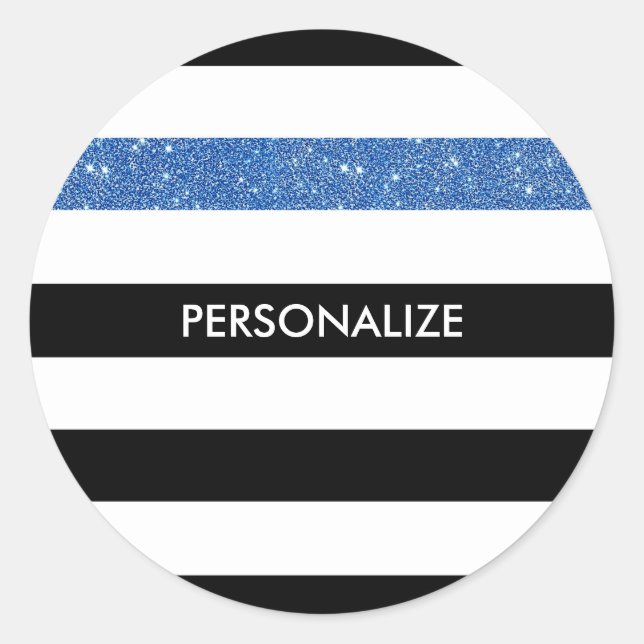 Moderne Black Stripes IMITATE Blue Glitz und Name Runder Aufkleber (Vorderseite)