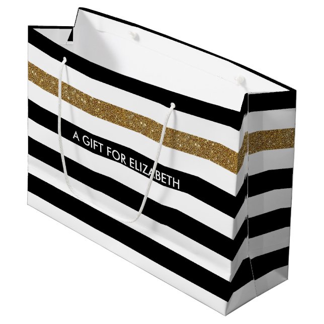 Moderne Black Stripes IMITATE Gold Glitz und Name Große Geschenktüte (Vorderseite Schrägansicht)
