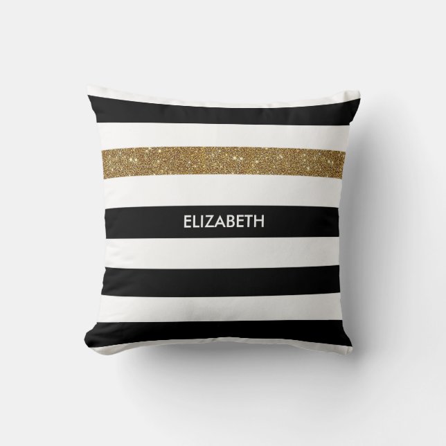 Moderne Black Stripes IMITATE Gold Glitz und Name Kissen (Vorderseite)