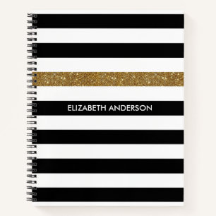 Moderne Black Stripes IMITATE Gold Glitz und Name Notizbuch