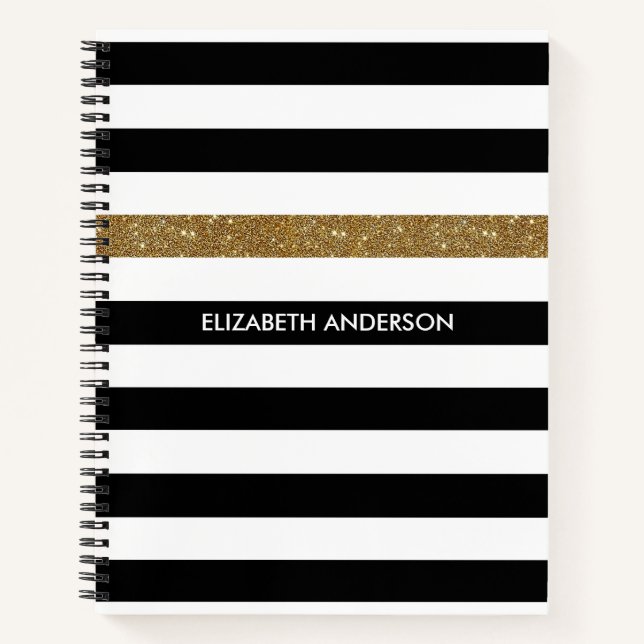 Moderne Black Stripes IMITATE Gold Glitz und Name Notizbuch (Vorderseite)