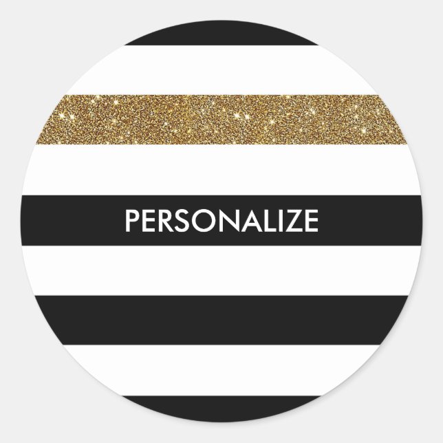 Moderne Black Stripes IMITATE Gold Glitz und Name Runder Aufkleber (Vorderseite)