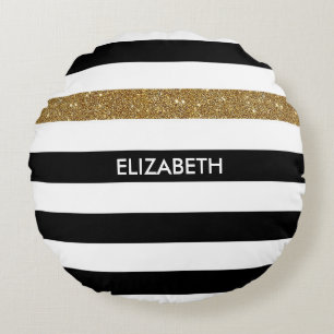 Moderne Black Stripes IMITATE Gold Glitz und Name Rundes Kissen