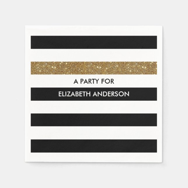 Moderne Black Stripes IMITATE Gold Glitz und Name Serviette (Vorderseite)