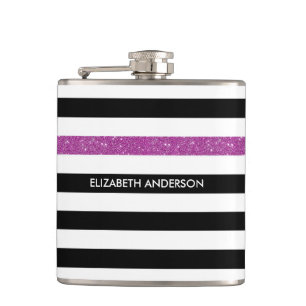 Moderne Black Stripes IMITATE Lila Glitz und Name Flachmann