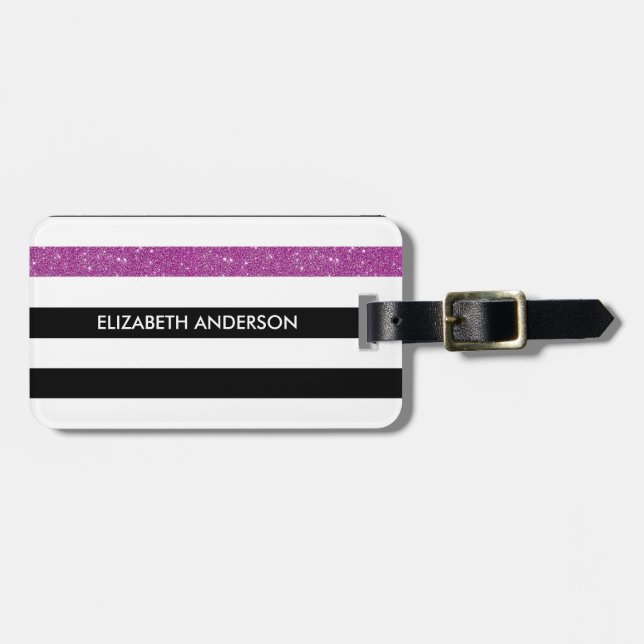 Moderne Black Stripes IMITATE Lila Glitz und Name Gepäckanhänger (Vorderseite horizontal)