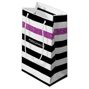 Moderne Black Stripes IMITATE Lila Glitz und Name Kleine Geschenktüte