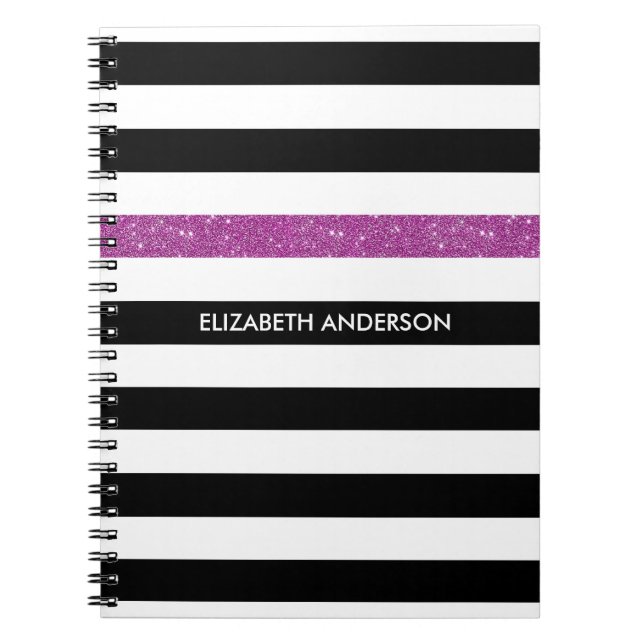 Moderne Black Stripes IMITATE Lila Glitz und Name Notizblock (Vorderseite)