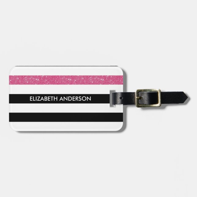 Moderne Black Stripes IMITATE Rosa Glitz und Name Gepäckanhänger (Vorderseite horizontal)