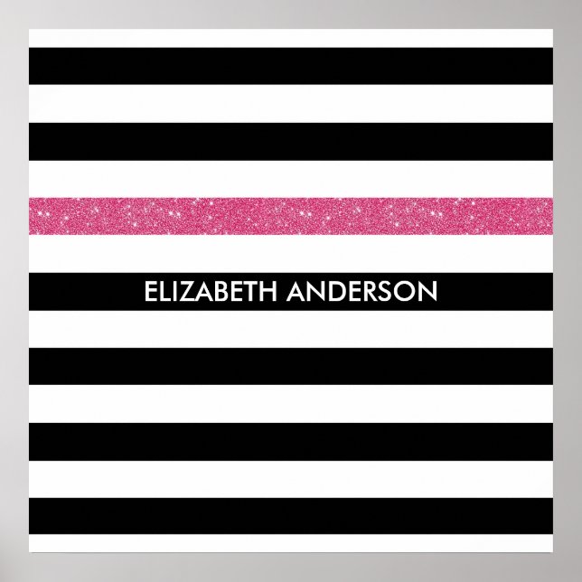 Moderne Black Stripes IMITATE Rosa Glitz und Name Poster (Vorne)
