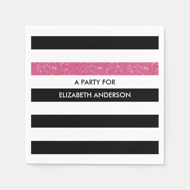 Moderne Black Stripes IMITATE Rosa Glitz und Name Serviette (Vorderseite)
