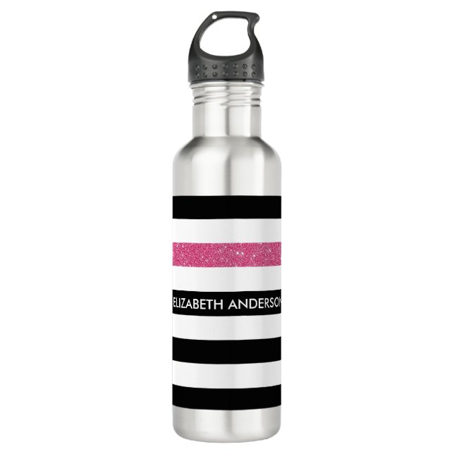 Moderne Black Stripes IMITATE Rosa Glitz und Name Trinkflasche (Vorderseite)