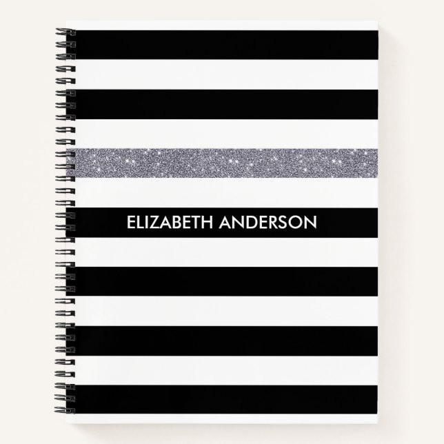 Moderne Black Stripes IMITATE Silver Glitz und Nam Notizbuch (Vorderseite)