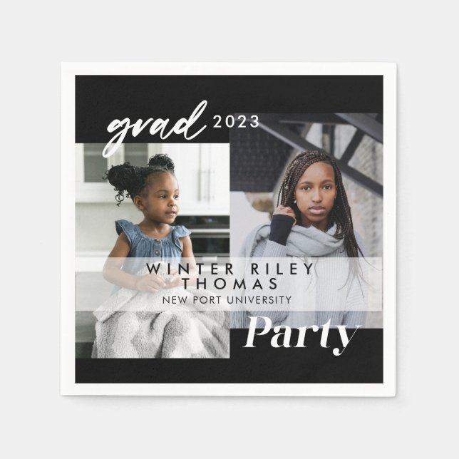 Moderne Black Then & Now - Zwei-Foto-Graduierungsp Serviette (Vorderseite)