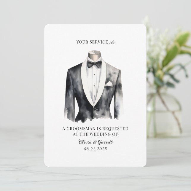 Moderne Black Tuxedo Watercolor Trauzeuge Card Einladung (Stehend Vorderseite)