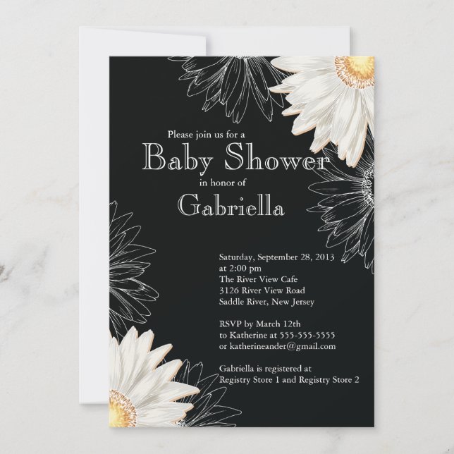 Moderne Black & White Gerbera Daisy Baby Dusche Einladung (Vorderseite)