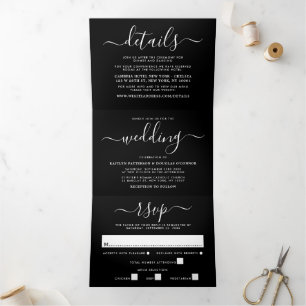 Moderne Black & White Simple Script Wedding Suite Dreifach Gefaltete Einladung