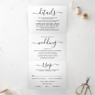 Moderne Black & White Simple Script Wedding Suite Dreifach Gefaltete Einladung