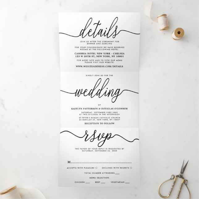 Moderne Black & White Simple Script Wedding Suite Dreifach Gefaltete Einladung (Innenseite)