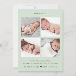 Moderne, blass grüne Foto Collage Grid Geburt Ankündigung