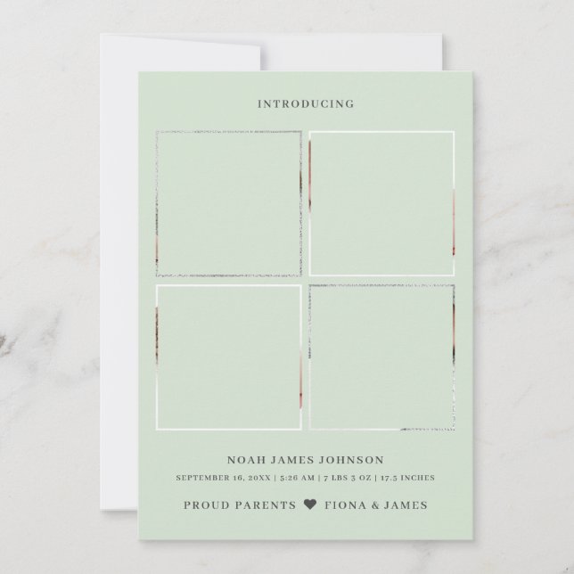 Moderne, blass grüne Foto Collage Grid Geburt Ankündigung (Vorderseite)