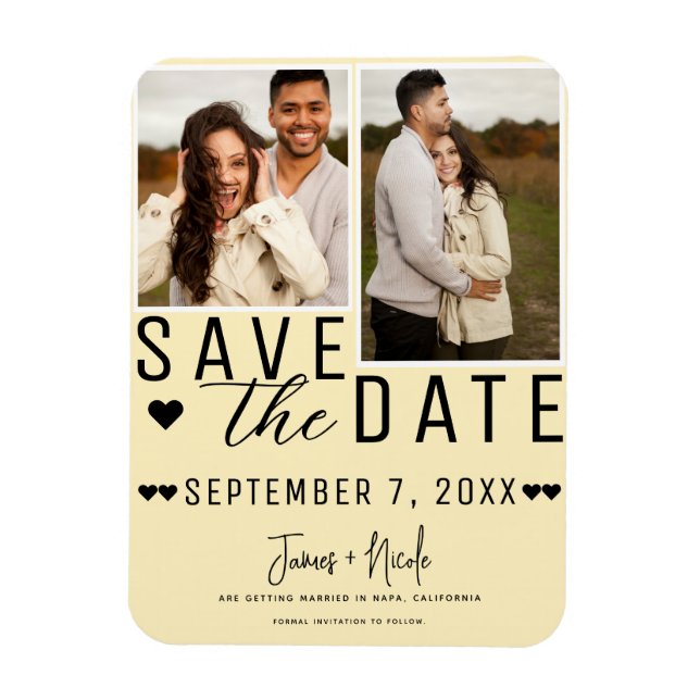 Moderne blassgelbe Save the Date 2 Foto Hochzeit Magnet (Vertikal)