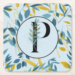 Moderne Blätter Blue Gold "Letter P" Rechteckiger Pappuntersetzer