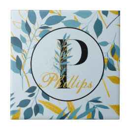 Moderne Blätter Navy Gold Monogram "Letter P" Fliese