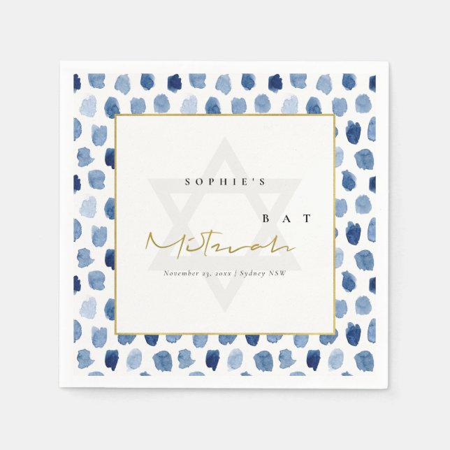 MODERNE BLAU INDIGO WATERCOLOR DOTS BAR BAT MITZVA SERVIETTE (Vorderseite)