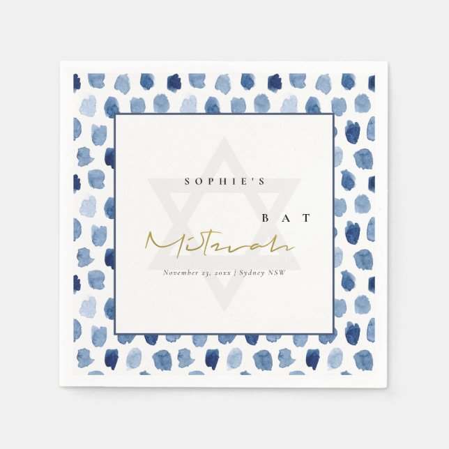 MODERNE BLAU INDIGO WATERCOLOR DOTS BAR BAT MITZVA SERVIETTE (Vorderseite)