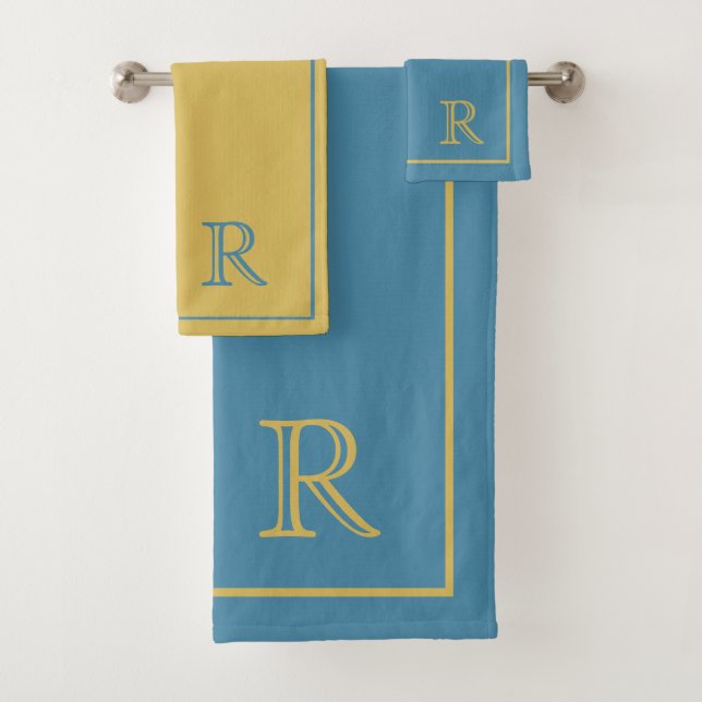 moderne Blau- und Beige-Initialen Monogramm-Muster Badhandtuch Set (Insitu)