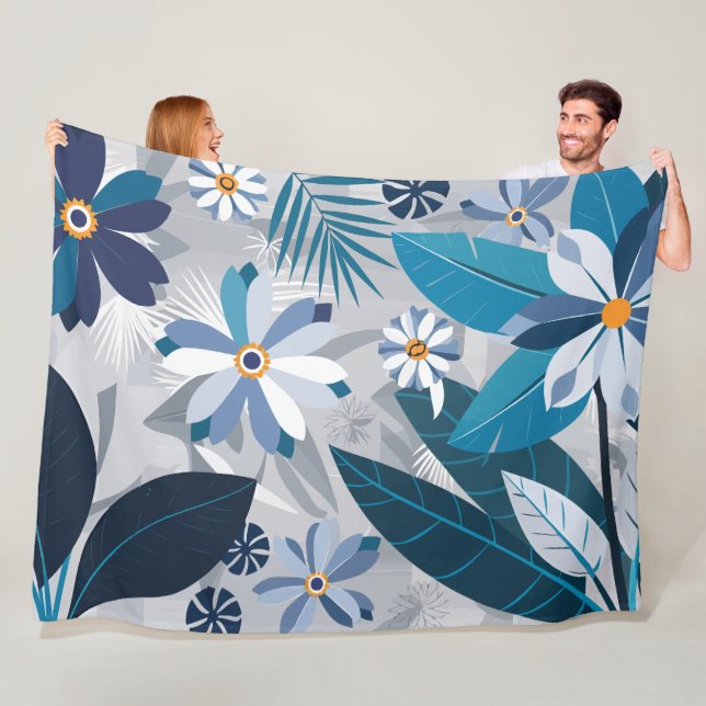 Moderne Blau- und Weißblüten mit geometrischen Blä Fleecedecke (Beispiel)