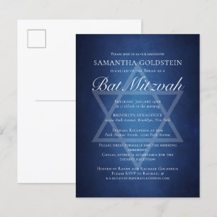 Moderne blau-weiße Typografie Formale Bat Mizwa Einladungspostkarte