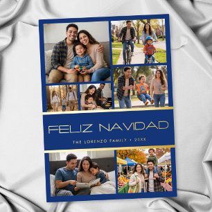 Moderne Blaue 7-Foto-Collage Feliz Navidad Feiertagskarte