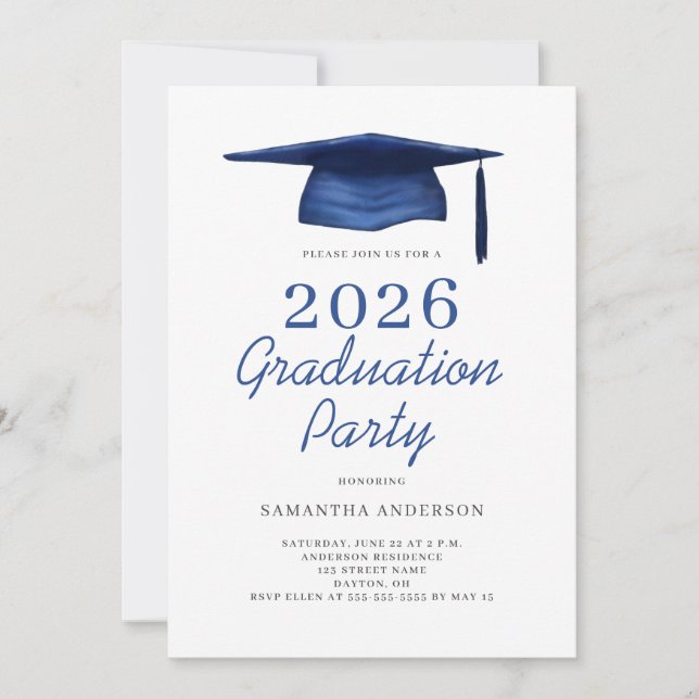 Moderne blaue Abiturparty 2026 Einladung (Vorderseite)