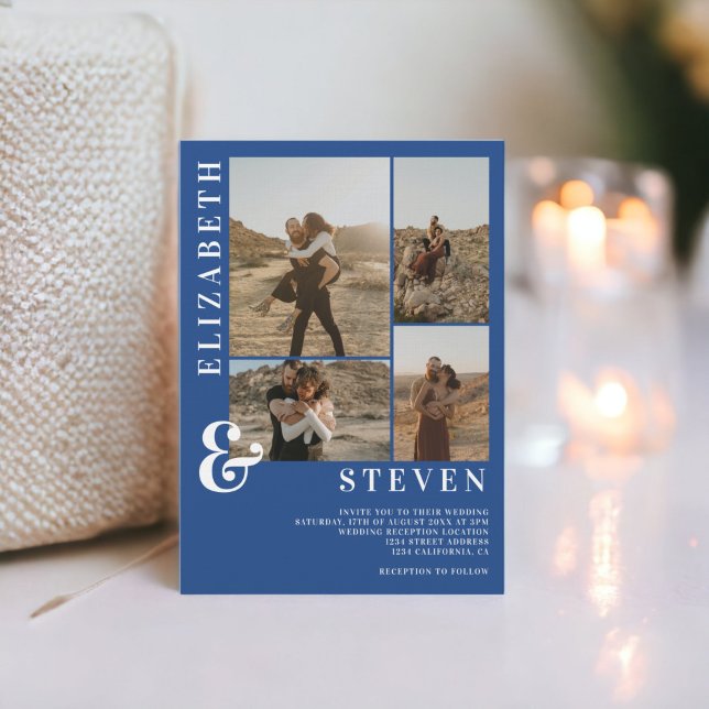 Moderne blaue Ampere und 5 Foto Grid Hochzeit Einladung (Modern blue ampersand 5 photo grid wedding invitation)